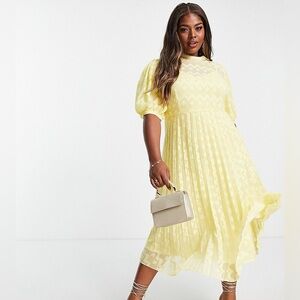 ASOS Yellow Pleated Midi Dress Puff Sleeve Romantic Spring Easter 18